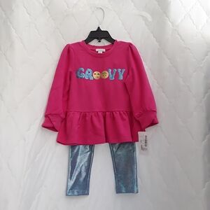 NWT Flapdoodles Pink 'Groovy' Top with Shimmery Blue Leggings Kids Matching Set